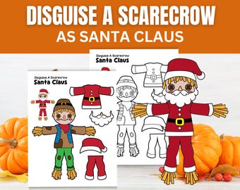 Disguise a Scarecrow as Santa Claus Kids Craft | Fall Farm Home & Classroom School Activity | Halloween Printable Project for Preschool