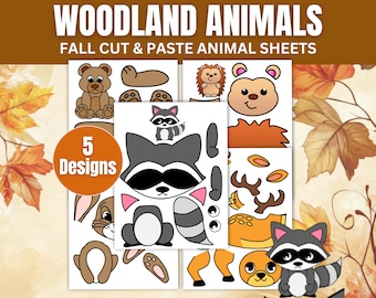 5 x Woodland Animals Cut & Paste Crafts | Fall Animal Printables for Kids | Preschool Autumn Activities | 5 Forest Animal School Worksheets