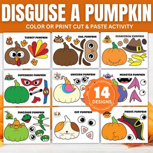 Peut inclure: Ensemble d'activités colorées "Déguise une citrouille". Il propose 14 modèles pour colorier, imprimer et coller, avec des thèmes de citrouilles : dinde, hibou, épouvantail, super-héros, licorne, monstre, dinosaure, chat et pirate.