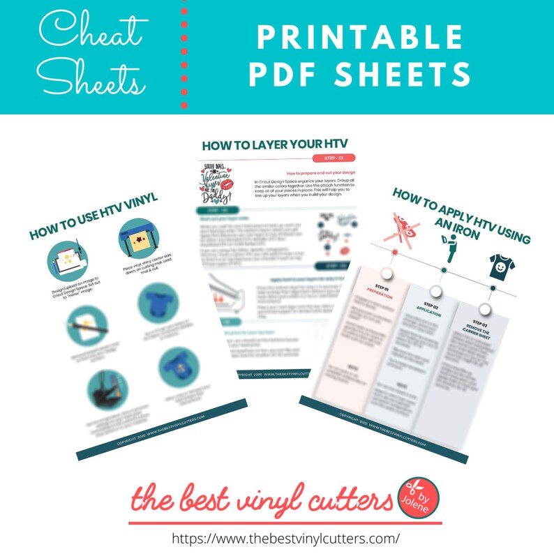 May include: Three printable cheat sheets for using heat transfer vinyl (HTV) with a Cricut cutting machine. The sheets include instructions on how to layer HTV, how to use HTV, and how to apply HTV using an iron.