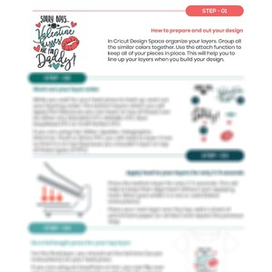 May include: A step-by-step guide on how to layer heat transfer vinyl (HTV) for a craft project. The image shows a design with the text "Sorry Boys Valentine Kisses Are For Daddy!" and instructions on how to prepare and cut the design in Cricut Design Space.