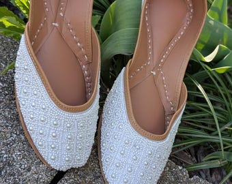 White Pearl Khussa Flats | Handmade Indian Jutti | Bridal Wedding Shoes for Women
