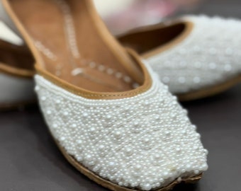 Bridal shoes / women&#39;s handmade shoes  / wedding shoes / Ethnic footwear / pearl ballet shoes / flats / white pearl shoes / khussa / jutti