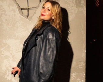 Vintage Lederjacke in Tintenblau, made in France, Größe L