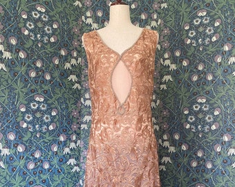 Vintage low waist dress with pink embroidered mesh and deep V back, flapper style, size S/M