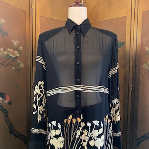 Vintage see through black blouse with flower print, size 8