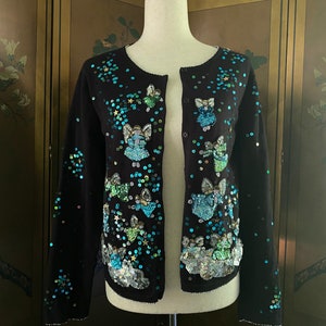 Black cotton cardigan with blue festive sequins, size S, M, L