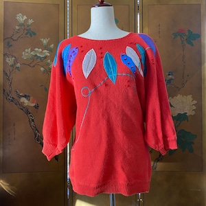 Vintage rode trui van katoenmix met borduursels, maat M