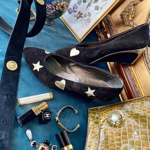 Vintage suede wedge pumps in black with gold stars and hearts inserts from Capri, size 8