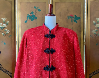 Vintage Asian Jacket: R&M Richards Red Mandarin Collar, L/XL