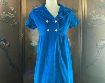 Blue velvet dress with jewel buttons and shirt sleeves, size S