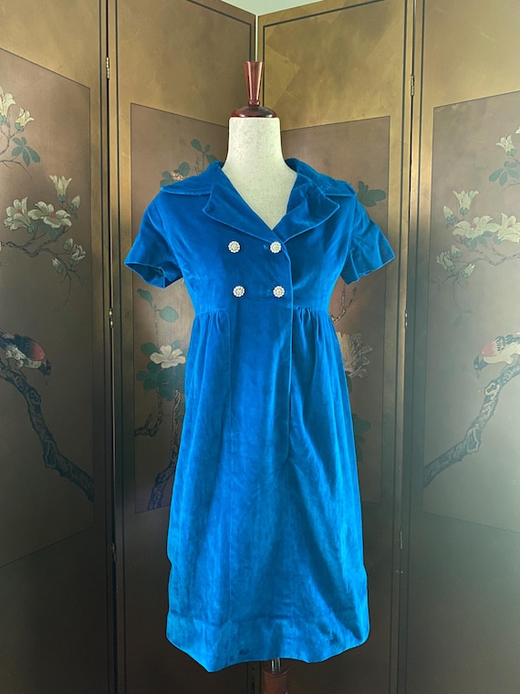 Blue velvet dress with jewel buttons and shirt sleeves, size S
