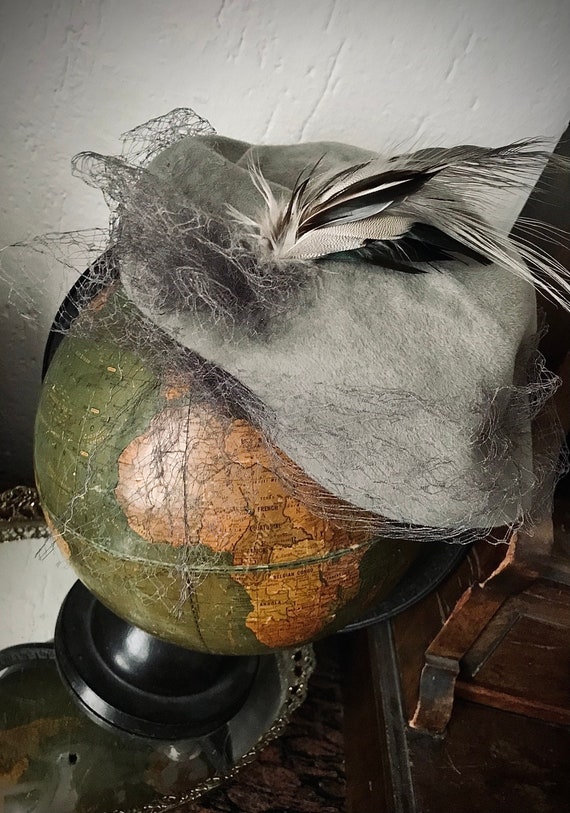 Rare Vintage Hat With Mesh Veil and Feather in Grey - Etsy display picture 1