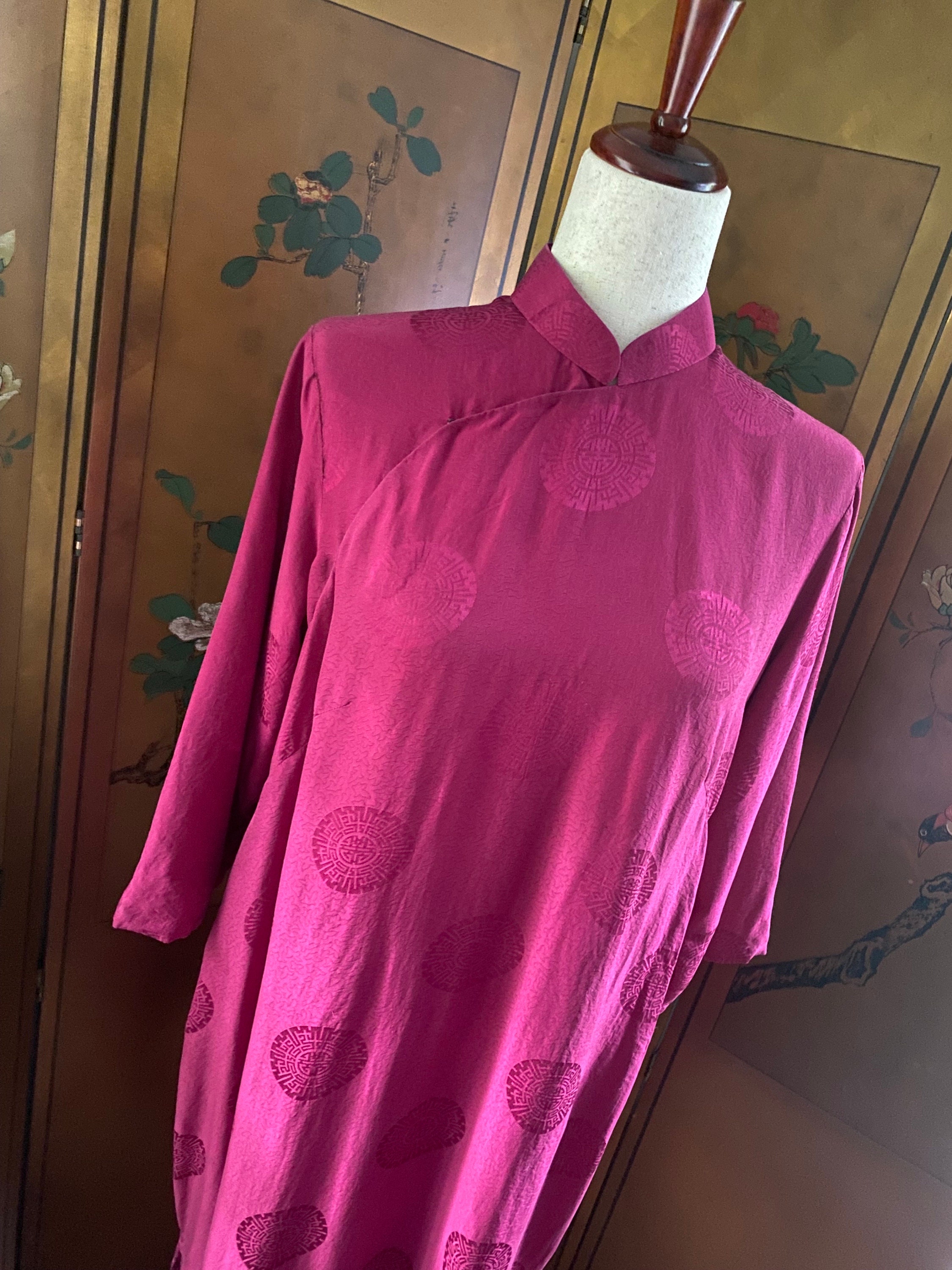 Vintage handmade Asian inspired qipao dress in pink silk crepe
