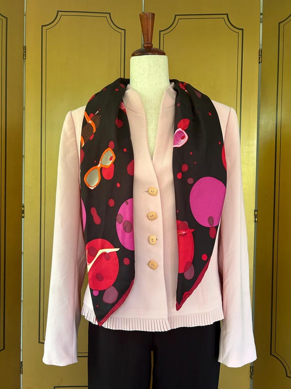Vintage Charles Jourdan silk scarf with colourful shoes and lipstick prints