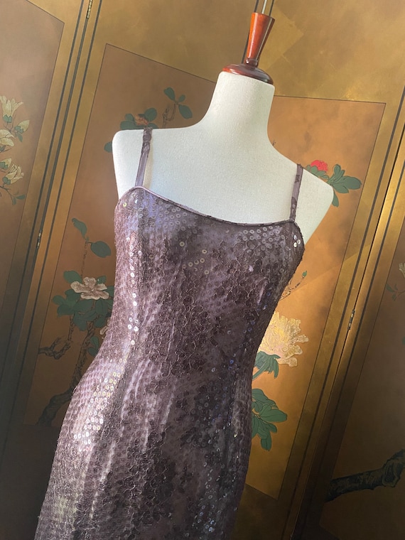 Vintage mesh and sequined evening dress in brown … - image 2