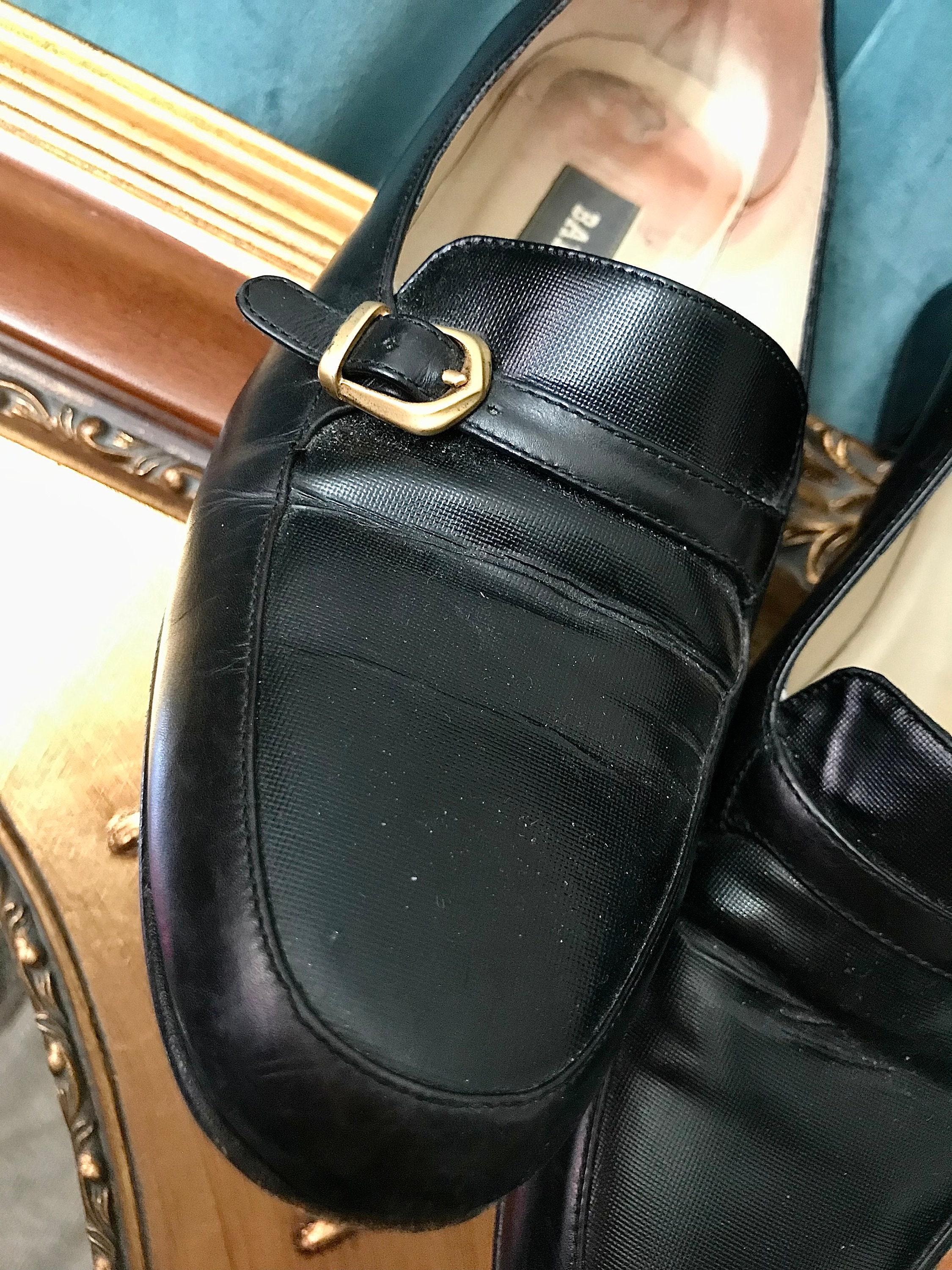 Bally Black Leather Monk Strap Loafers with Gold Buckle Vintage Bally Leather Heeled Loafers in Black With Buckle  main image 3