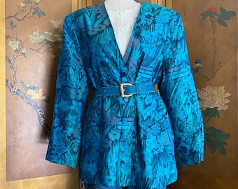 Vintage blazer with teal and turquoise floral print, size 10