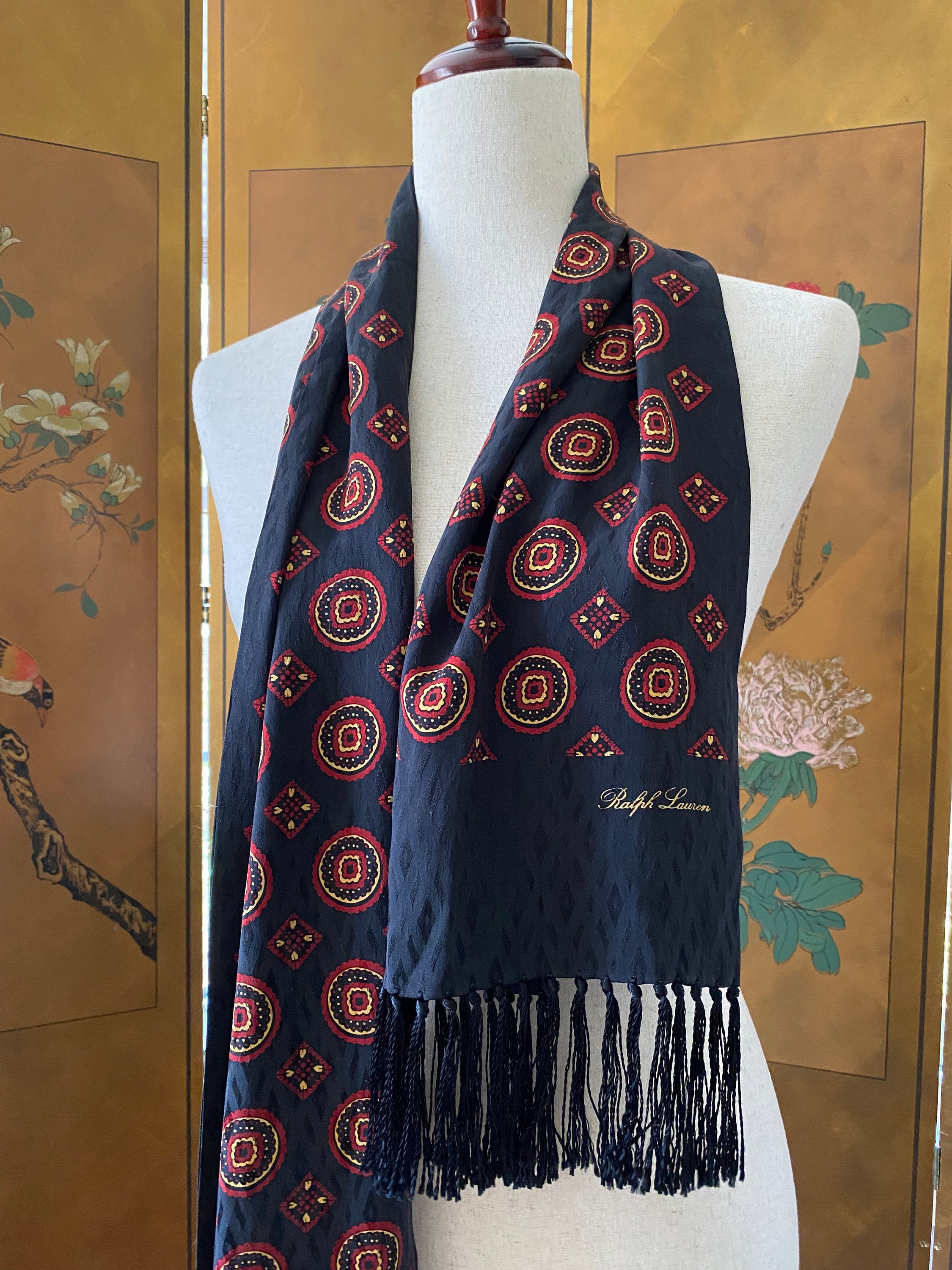 Vintage Ralph Lauren Silk Scarf With Tassels, Made in Japan