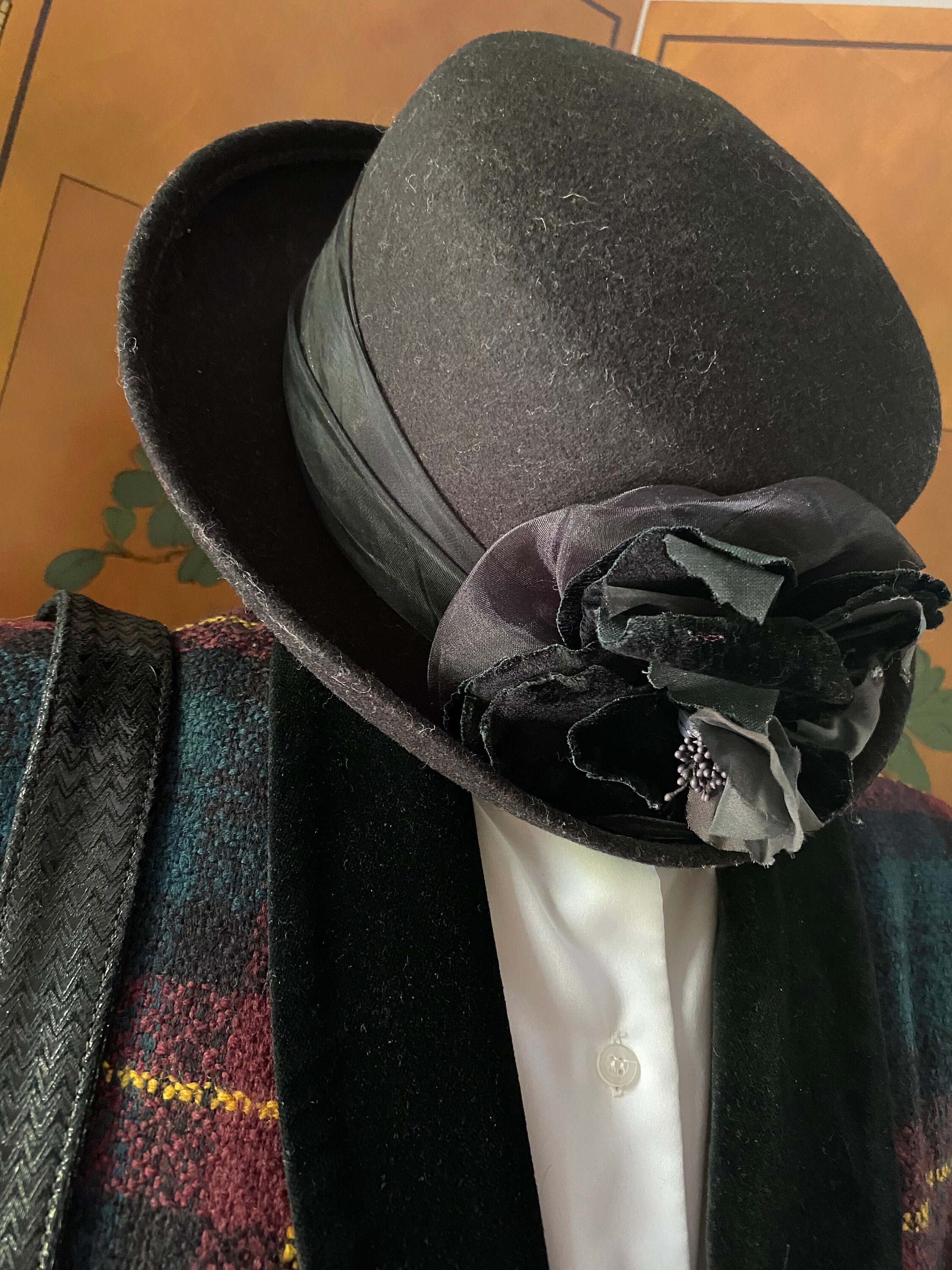 Black Felt Atelier Bowler Hat with Unique Gold Metal Floral Design Just about to leave the Atelier for the day and quickly  main image 4