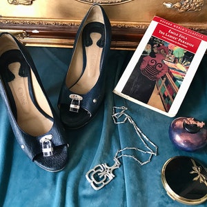 Vintage Chloé peep toe heels in navy leather with padlocks, size 7 1/2