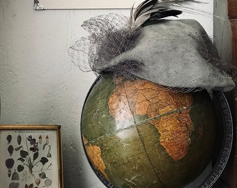 Rare Vintage Hat With Mesh Veil and Feather in Grey - Etsy