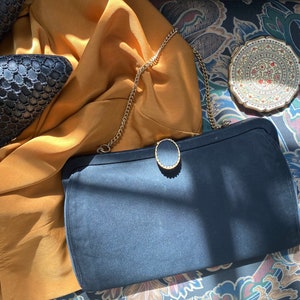 Vintage black satin evening purse with chain strap
