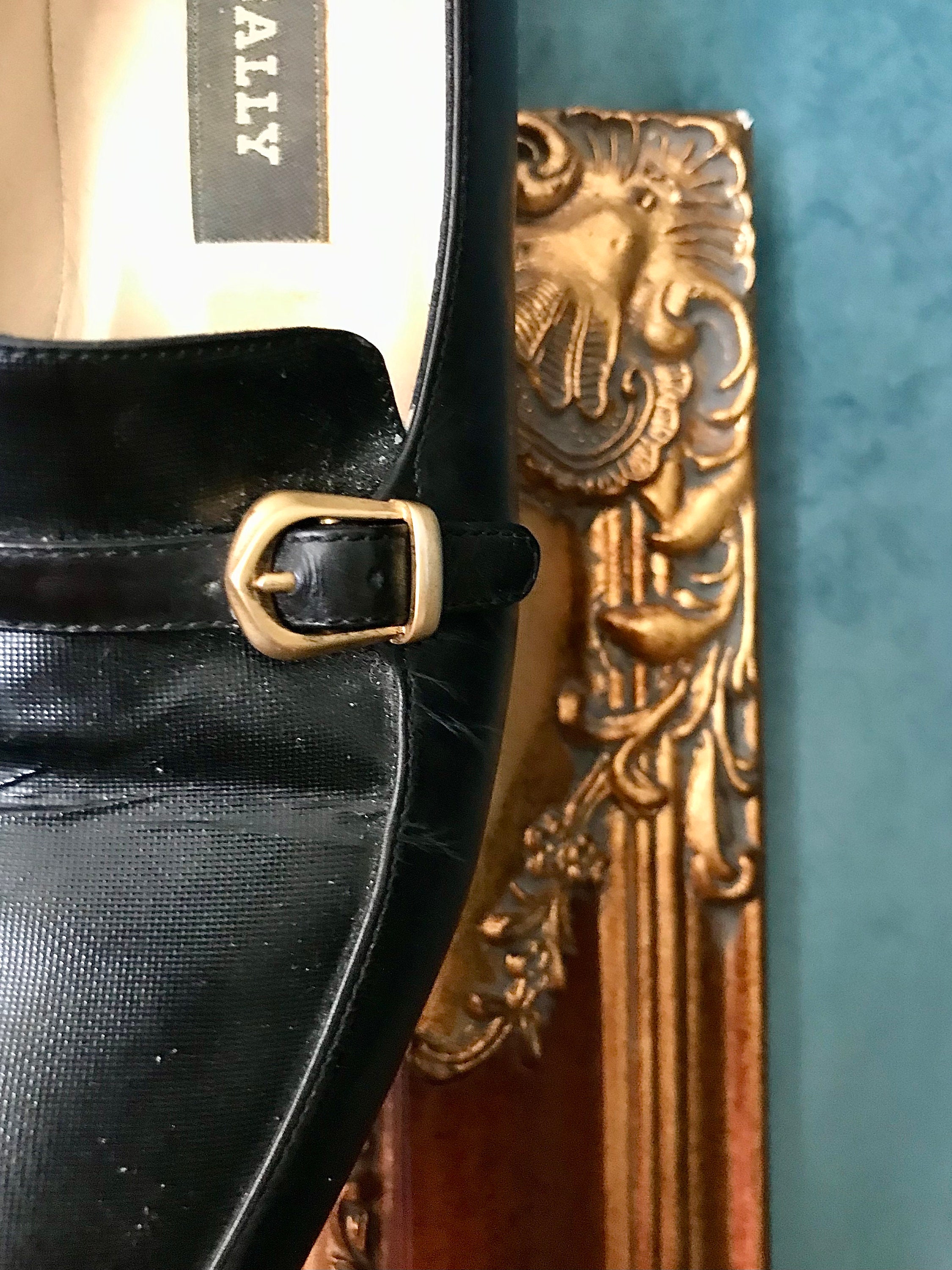 Vintage Bally Leather Heeled Loafers in Black With Buckle 