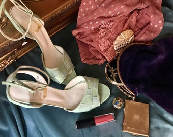 Sandalias de tacón de cuero verde musgo marino vintage - Carel van der Meer - US 7.5