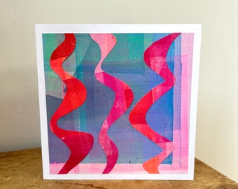 Pink Ribbons handmade collage, gel prints, mono-print, original artwork, greeting card, any occasion, blank inside