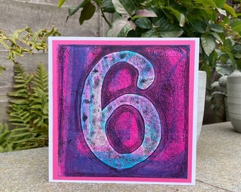 6th BIRTHDAY CARD handmade gel print monoprint original artwork to frame and keep