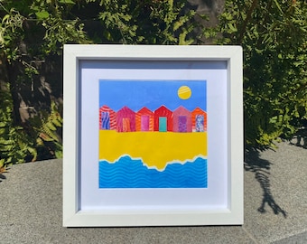 BEACH HUTS, an original one-off artwork, this is a monoprint which would make a perfect  gift, framed unique wall art