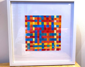 WOVEN RAINBOW, an original one-off artwork, paper weaving using gel prints which would make a perfect  gift, framed unique wall art