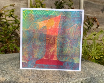 1st BIRTHDAY CARD handmade gel print monoprint original artwork to frame and keep