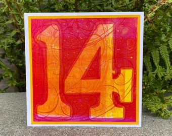 14th BIRTHDAY CARD handmade gel print monoprint original artwork to frame and keep