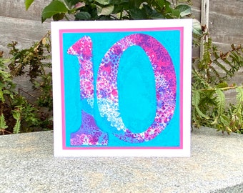 10th BIRTHDAY CARD handmade gel print monoprint original artwork to frame and keep