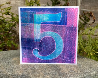 5th BIRTHDAY CARD handmade gel print monoprint original artwork to frame and keep