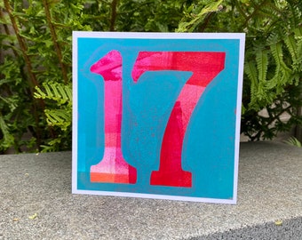 17th BIRTHDAY CARD handmade gel print monoprint original artwork to frame and keep