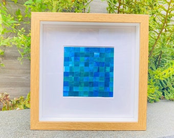 WOVEN BLUES, an original one-off artwork, paper weaving using gel prints which would make a perfect  gift, framed unique wall art