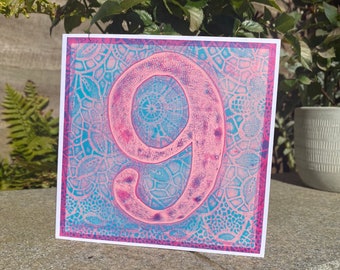 9th BIRTHDAY CARD handmade gel print monoprint original artwork to frame and keep