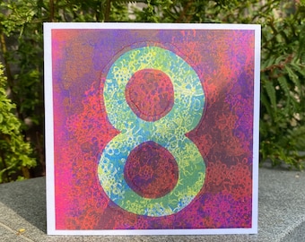 8th BIRTHDAY CARD handmade gel print monoprint original artwork to frame and keep