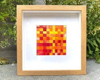 WOVEN REDS, an original one-off artwork, paper weaving using gel prints which would make a perfect  gift, framed unique wall art