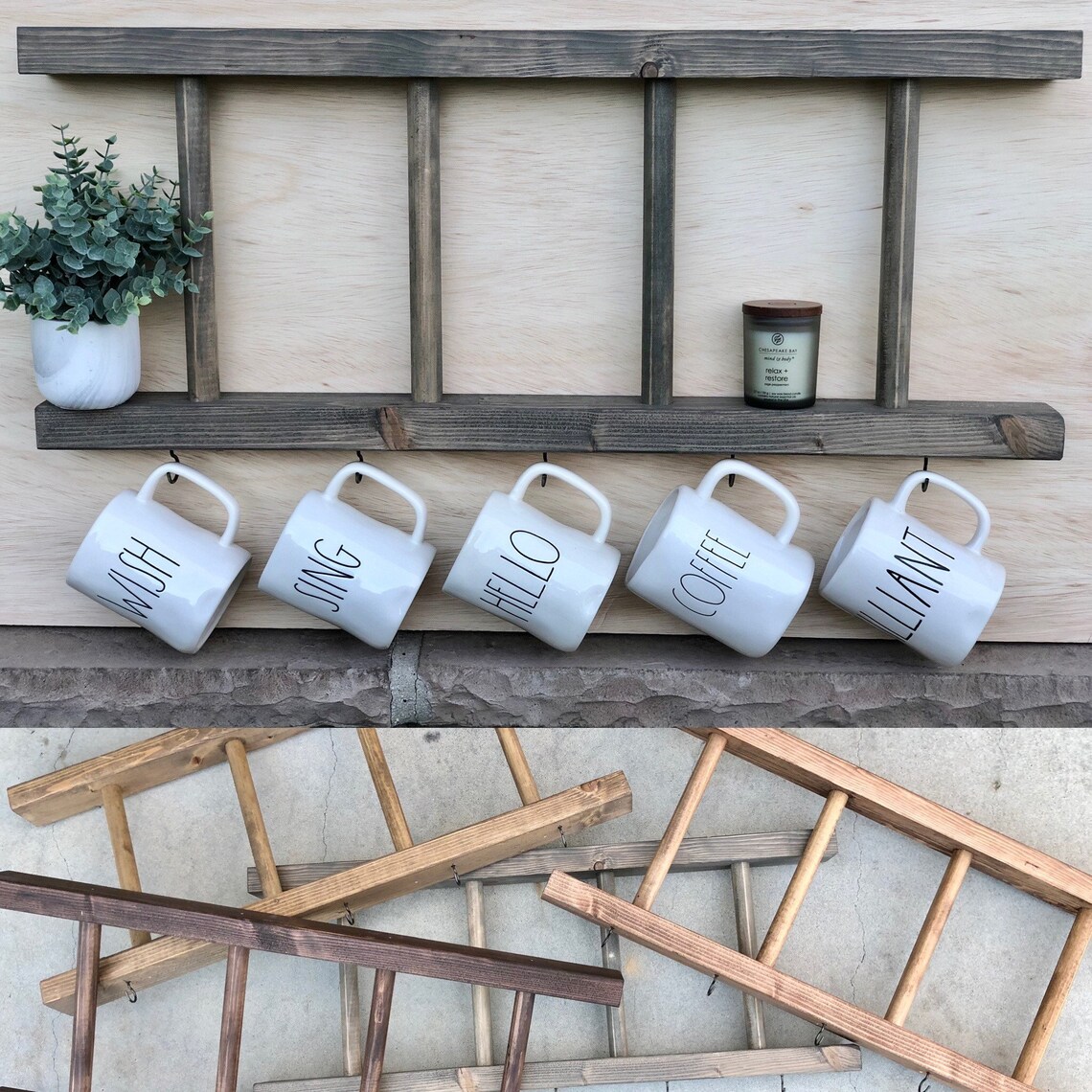 Sideways Ladder with coffee mug hooks Etsy