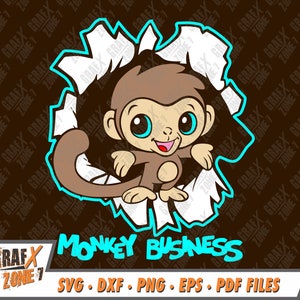 May include: A cartoon monkey with brown fur, blue eyes, and a big smile peeks through a torn white paper background. The text "MONKEY BUSINESS" is written in blue letters below the monkey.