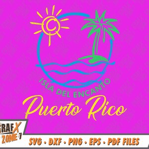 May include: A colorful graphic design featuring a sun, palm tree, and waves with the text "Isla Del Encanto Puerto Rico".