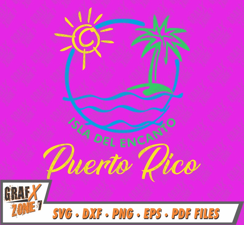 May include: A colorful graphic design featuring a sun, palm tree, and waves with the text "Isla Del Encanto Puerto Rico".