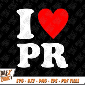 May include: White graphic design with the text "I love PR" in bold letters. A red heart is placed between the words "I" and "PR".
