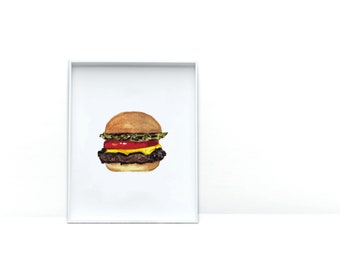 Art Prints for Food Lovers | Cheeseburger Watercolor Print | Kitchen Wall Art |