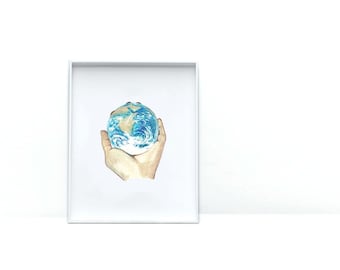 World In Hands Watercolor Print | Wall Art | Art Prints