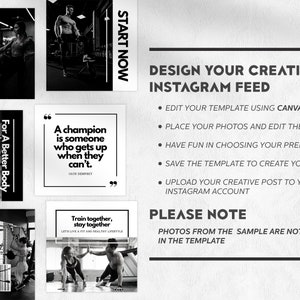 Gym Fitness Canva Template, Minimalist, Strong, Black White IG, Instagram Posts, Social Media Template, Editable Posts for IG, Monotone IG